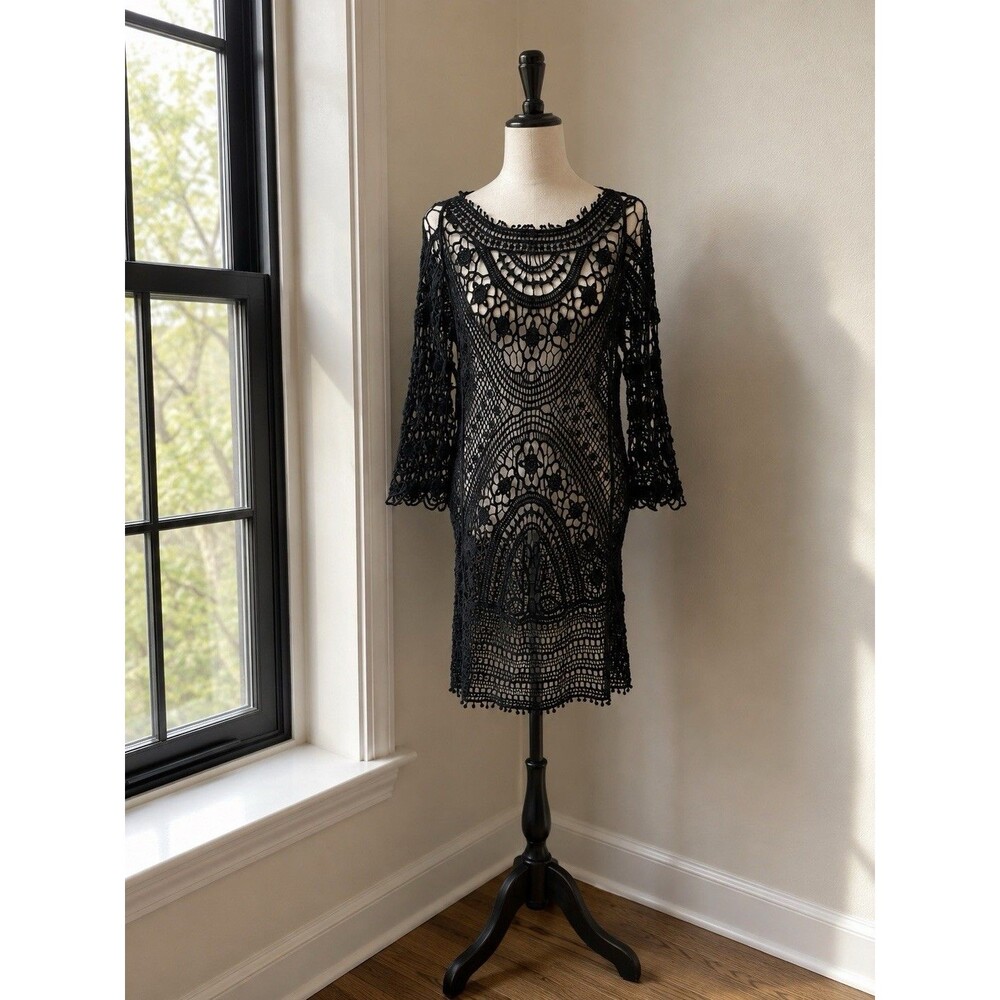 Black Crochet Mini Dress Open Back Cover Up Boho Festival Whimsygoth Size L